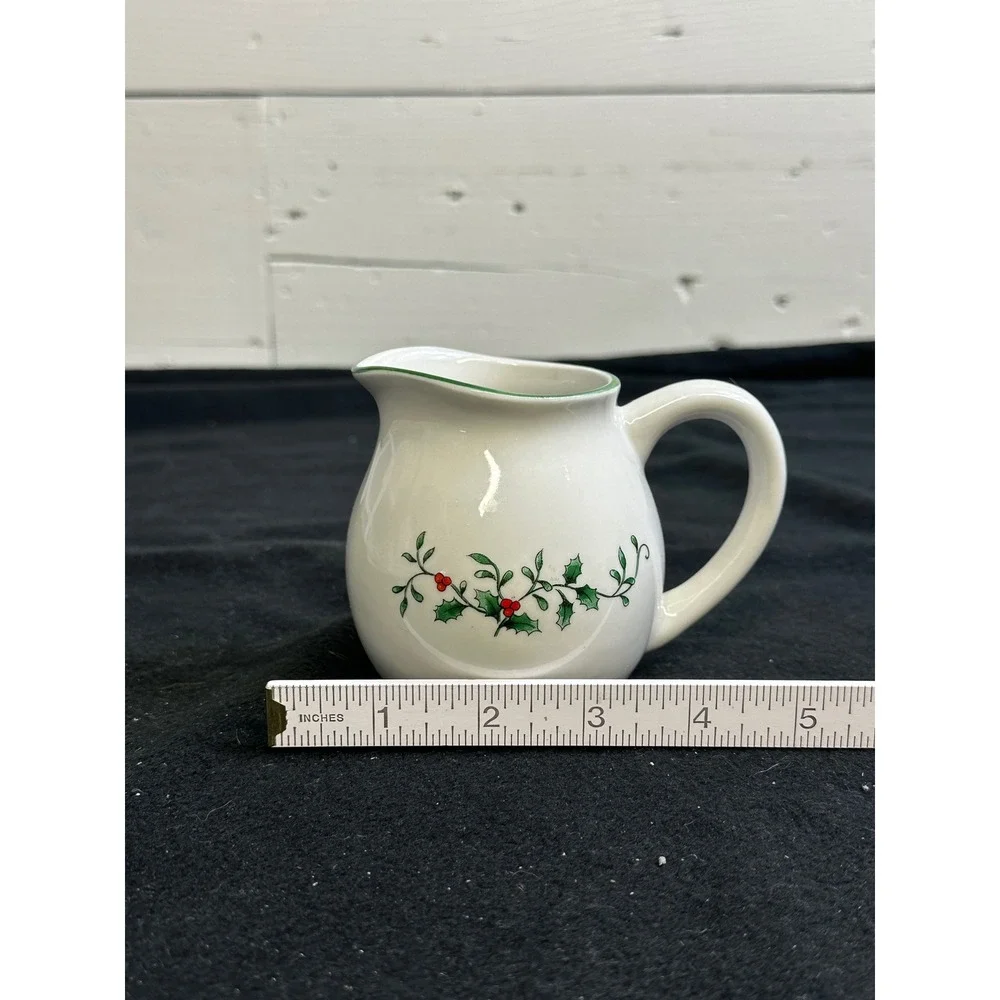Royal Seasons Stoneware Christmas Holly Berry Creamer Pitcher White Green Rim